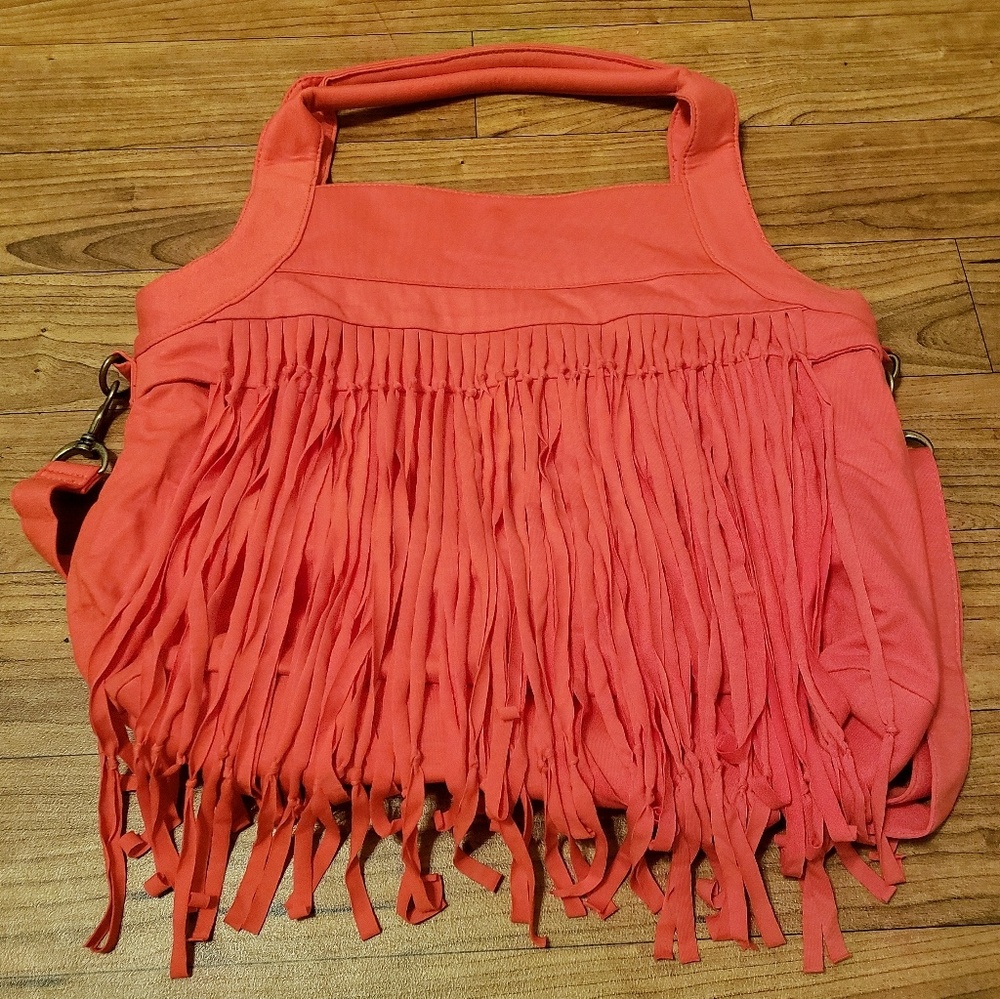 Mossimo bright pink salmon fringe tote bag